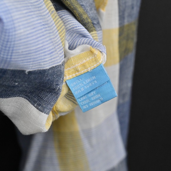 J McLaughlin Mens Plaid Collared Shirt Size XL Linen Blue Yellow Button Down - Picture 7 of 12